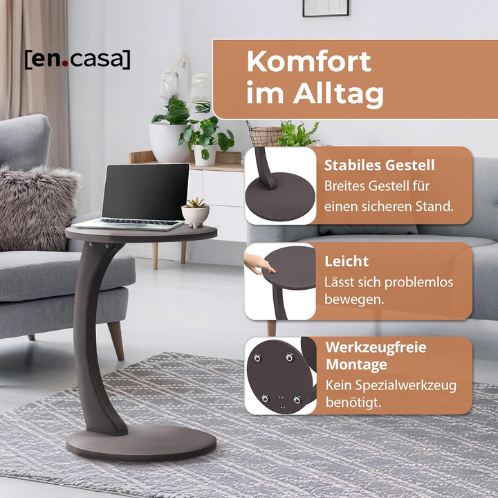 [en.casa] Beistelltisch Holeby Betttisch auf Rollen Laptoptisch Grau Wohnzimmertisch C-Form Rolltisc