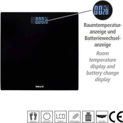 WENKO Personenwaage LCD, präzise, Digitale Körperwaage aus Sicherheitsglas mit automatischer EIN-/Au