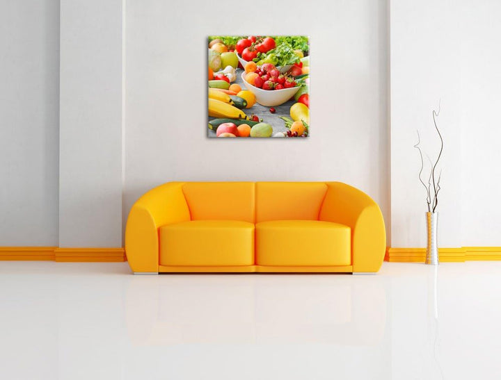 Pixxprint Buntes Obst und Gemüse Schwarz/Weiss, Format: 70x70 auf Leinwand, 70x70