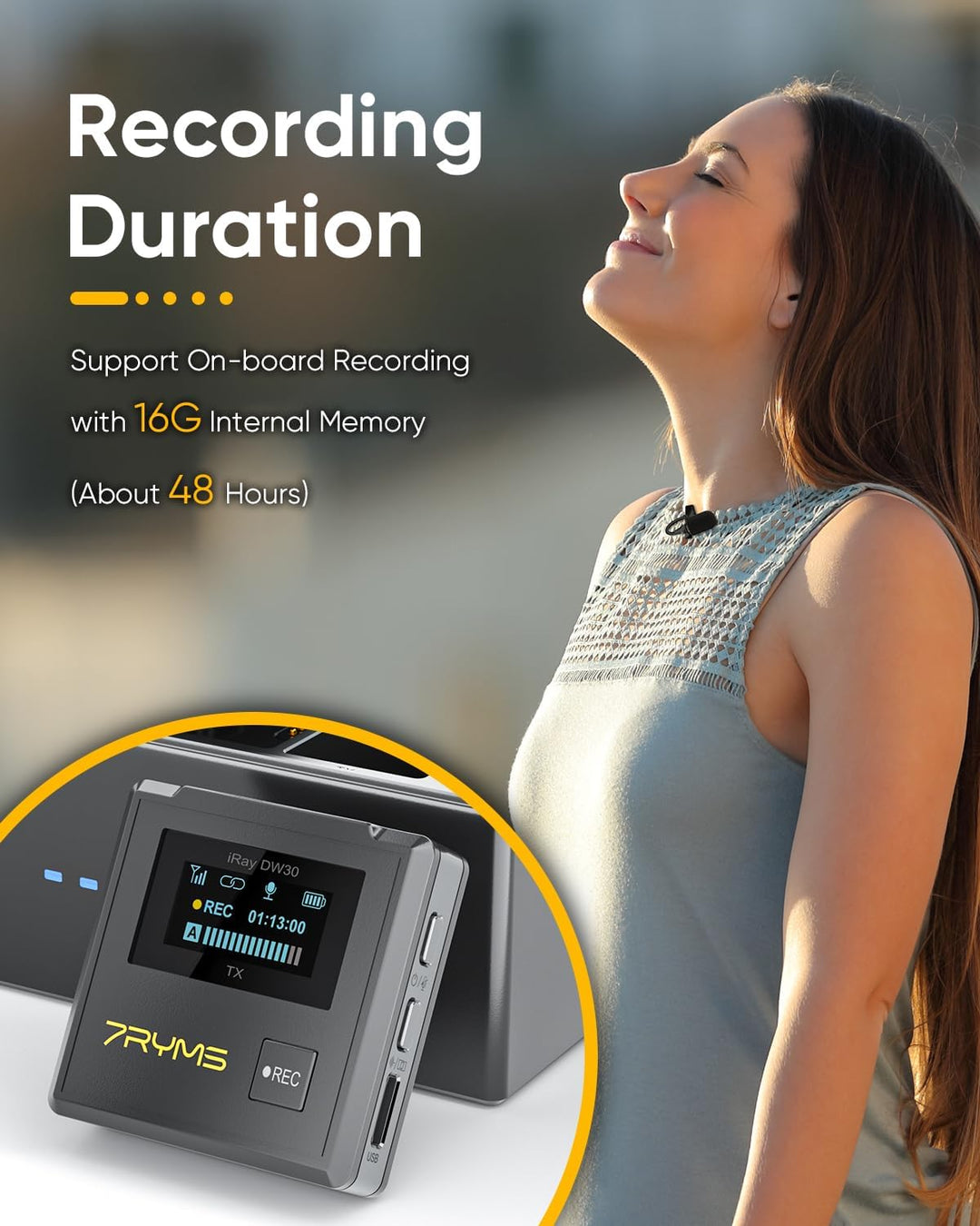 7RYMS iRAY DW30 Lavalier Mikrofon Wireless für Kamera, iPhone, Android, PC, 16G Speicher, 48kHz/16 b