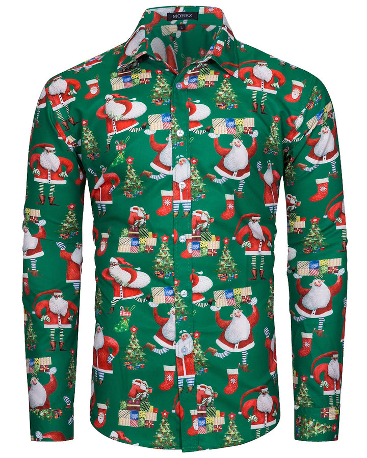 MOHEZ Herren Funky Christmas Print Weihnachtshemd Langarm Button Up Freizeithemd Rentier Santa Schne
