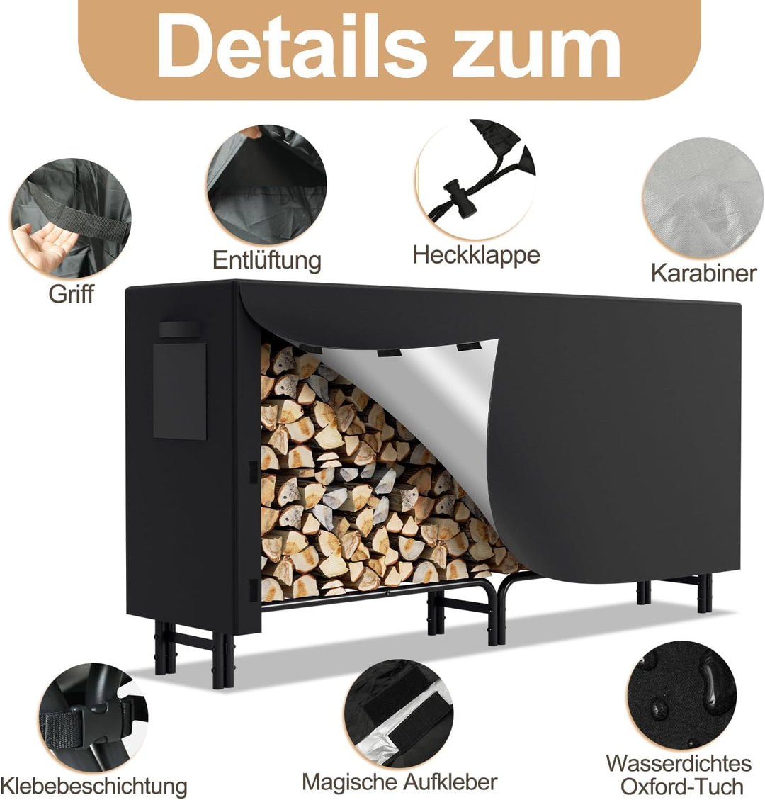 Randaco Kaminholzregal mit Schutzhülle Stahlrahmen, Brennholzregal Aus Schwarzem Metall, Holzscheite