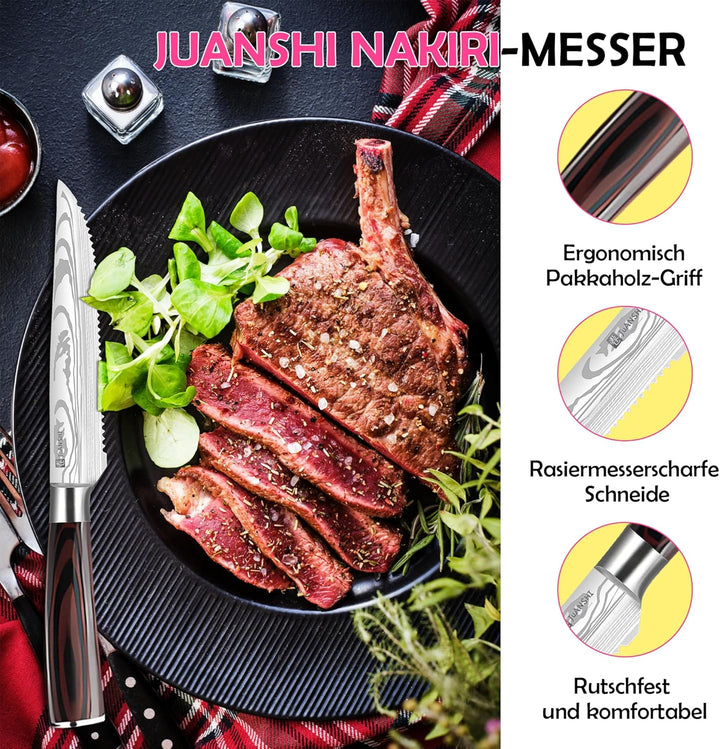JUANSHI® Steakmesser 11.4 cm – Hoher Kohlenstoffgehalt Edelstahl Steak Messer mit ultrascharfer geza