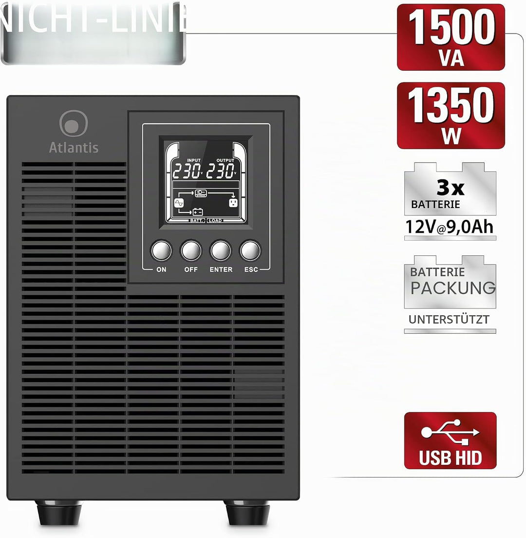 Atlantis A03-OP1502P PRO UPS OnLine USV Server Doppelwandler Reine Sinuswelle 1500VA 1350W, Tower, L