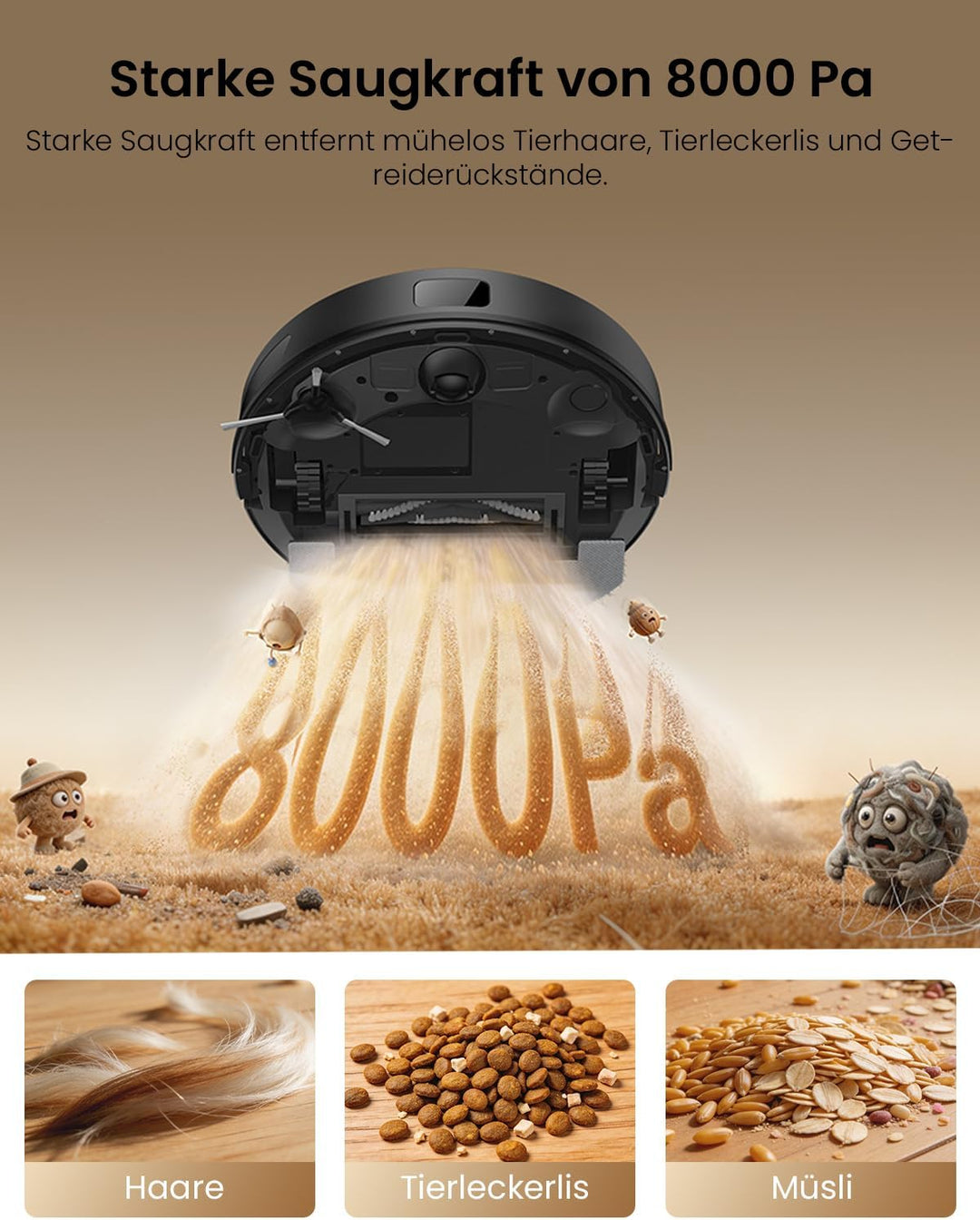 Proscenic Q8 Max+ Saugroboter mit Wischfunktion, 8000Pa 200min Staubsauger Roboter mit 3L Staubbeute