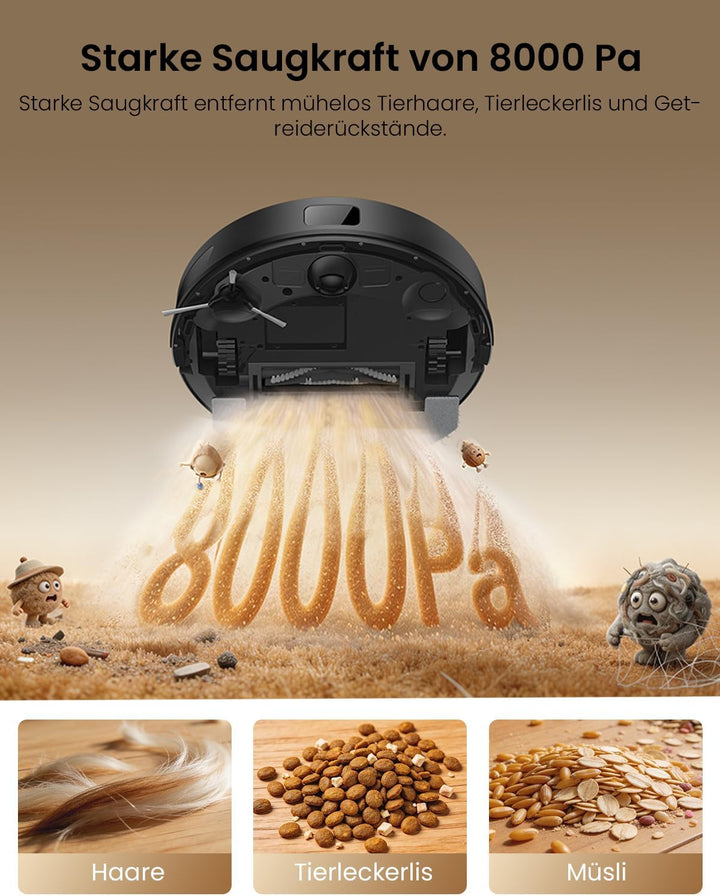 Proscenic Q8 Max+ Saugroboter mit Wischfunktion, 8000Pa 200min Staubsauger Roboter mit 3L Staubbeute