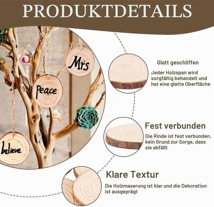 APACALI 100 Stück Holzscheiben 5CM, Holzscheiben zum Basteln mit Loch, Baumscheiben mit Rinde, Rund