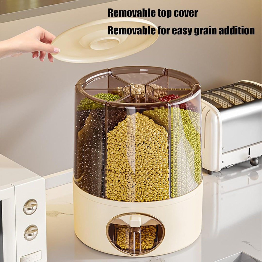 6-Grid Rotating Food Dispenser for Kitchen | -Click Rice Storage Container with Rotating Design | Mu