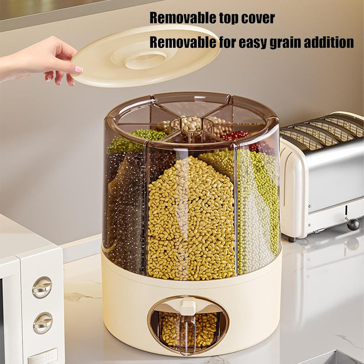 6-Grid Rotating Food Dispenser for Kitchen | -Click Rice Storage Container with Rotating Design | Mu