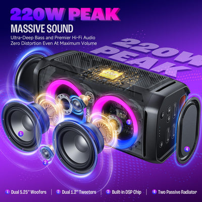 W-KING 220W Peak 100W RMS Bluetooth Lautsprecher Gross V5.3, IPX6 Wasserdichter,Musikbox Bluetooth m