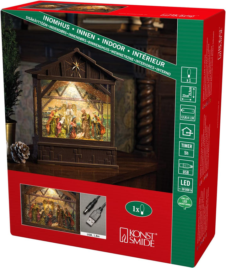 Konstsmide LED Wasserlaterne, Krippe mit Geburt Jesus, mit an/aus Schalter, 5h Timer, 1 warm weisse