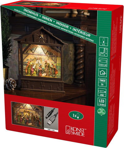 Konstsmide LED Wasserlaterne, Krippe mit Geburt Jesus, mit an/aus Schalter, 5h Timer, 1 warm weisse