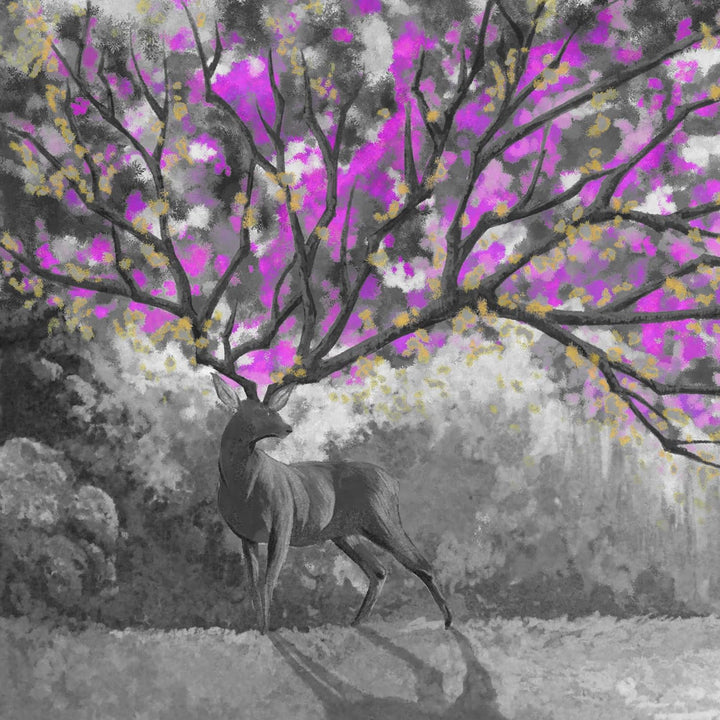 Pixxprint Glasbild | Wandbild auf Echtglas | Fantasievoller Hirsch mit Baumgeweih B&W Detail | 60x60