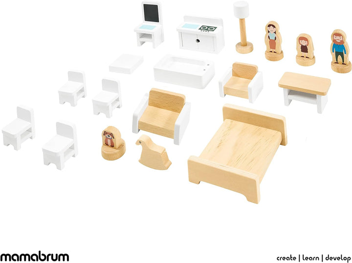Mamabrum, Puppenhäus Aus Holz Mit Zubehör, Holzpuppenhaus mit Möbeln, Holztraumhaus mit Zubehör inkl