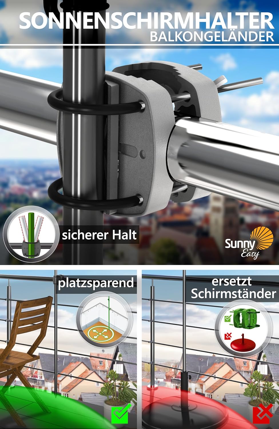 4smile Sonnenschirm Balkon SunnyJoy im 3er-Set - UPF 50+ Balkon Schirm 180 cm + Sonnenschirmhalter B