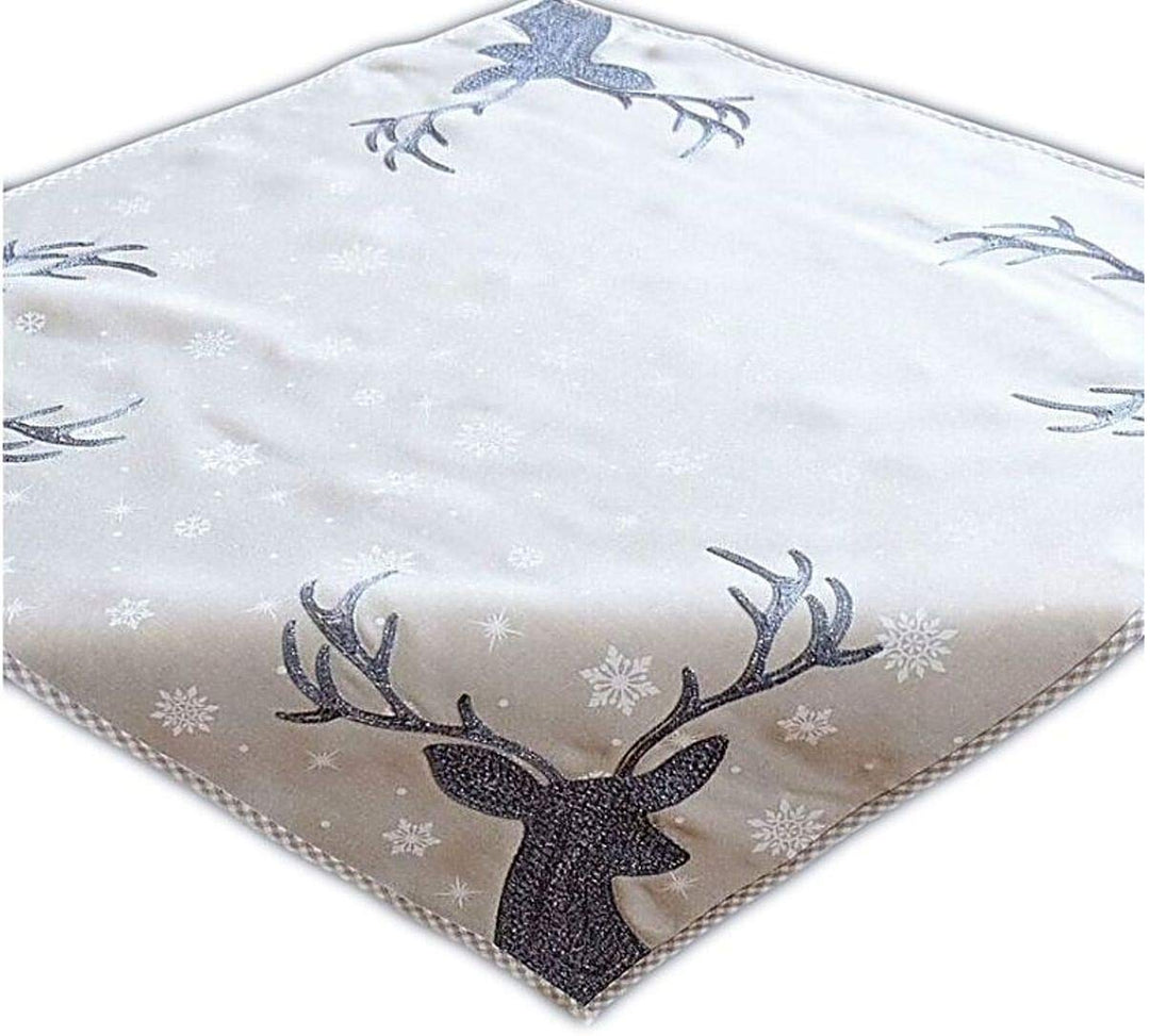 Raebel Tischdecke 110 x 110 cm grau Hellgrau weiss eisblau Silber Stickerei Hirsch Weihnachten Weihn