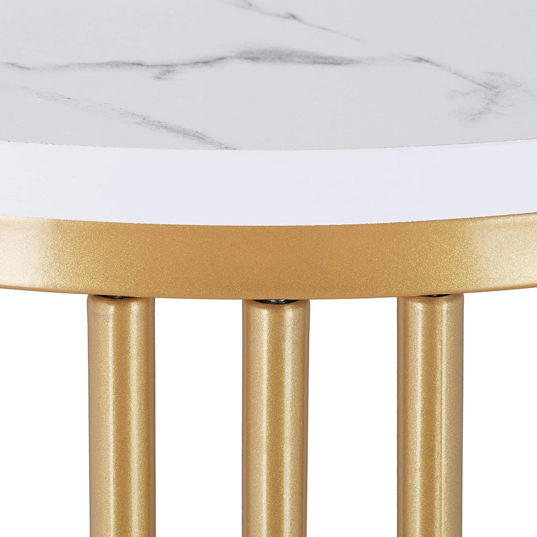 Relaxdays Beistelltisch MARMO, runder Sofatisch, Metall & MDF, weiss/Gold | für Wohnzimmer, Marmorop