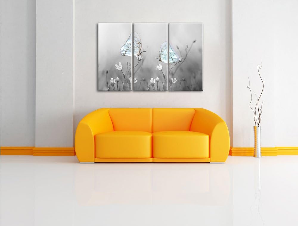 Pixxprint Schmetterling auf kleinen Blumen als Leinwandbild/Grösse: 3 Teilig (120x80 cm) cm/Wandbild