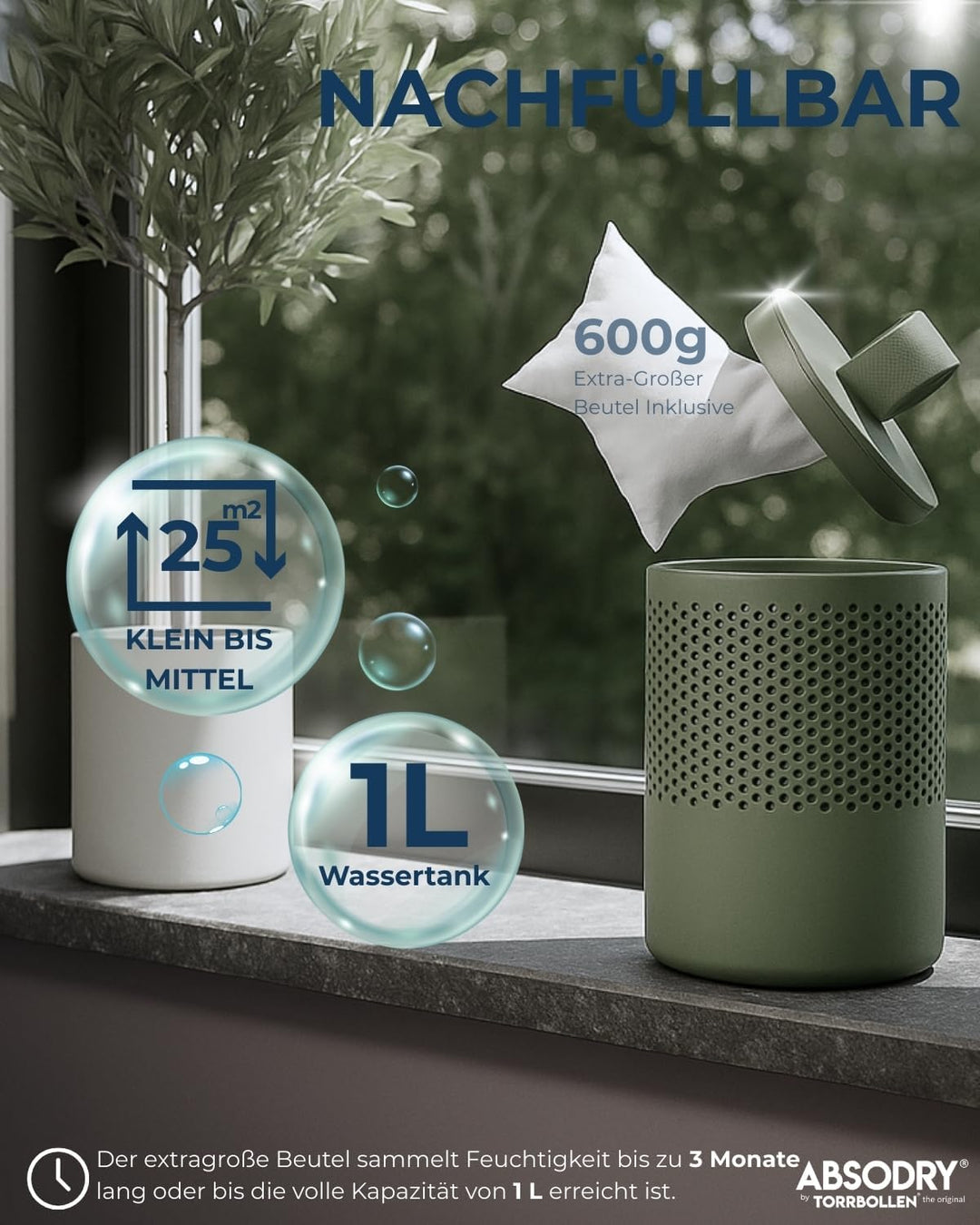 Absodry Duo Family Luftentfeuchter für 25m2 Entfeuchter 600 g Granulat-Beutel, 1000 ml leise ohne St