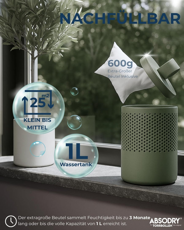 Absodry Duo Family Luftentfeuchter für 25m2 Entfeuchter 600 g Granulat-Beutel, 1000 ml leise ohne St