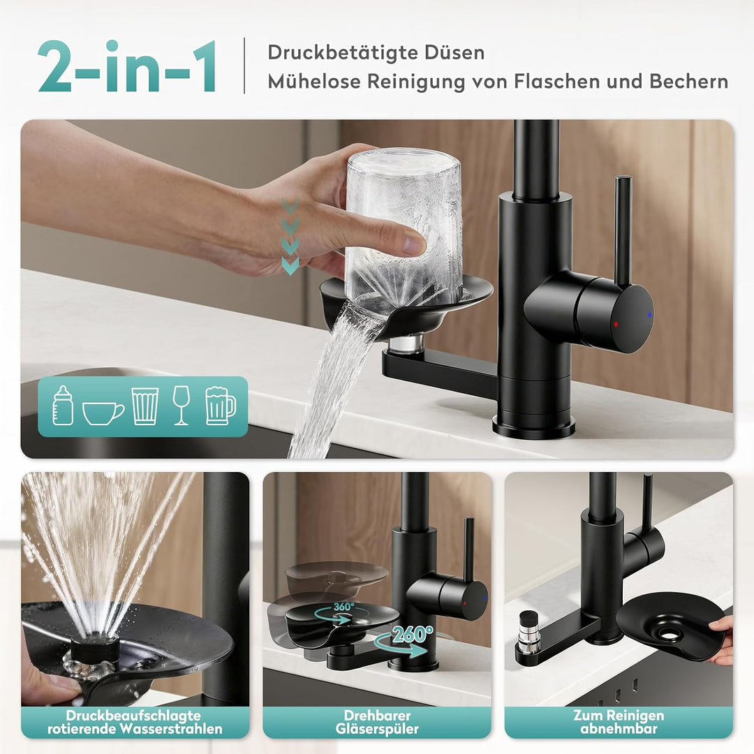 MIAOHUI Wasserhahn Küche mit Glasspüler, Schwarz | 4 Funktionen Armatur Küche Ausziehbar, Einhebel k