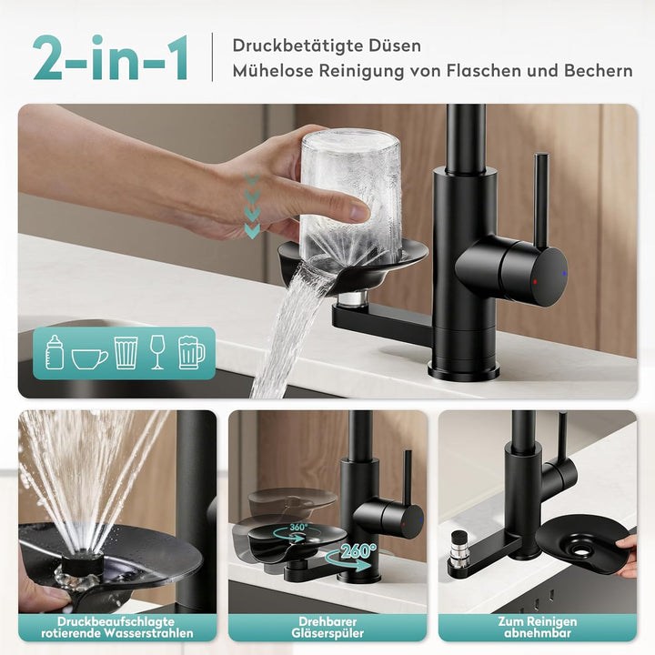 MIAOHUI Wasserhahn Küche mit Glasspüler, Schwarz | 4 Funktionen Armatur Küche Ausziehbar, Einhebel k