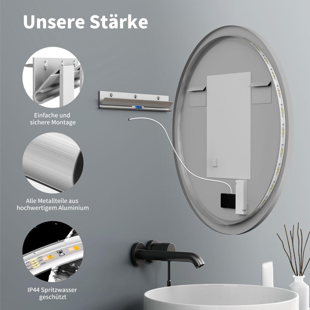 60cm Badspiegel mit Beleuchtung Rund Schwarz Metall, Badezimmer Runder Spiegel mit Licht, mit Touch-