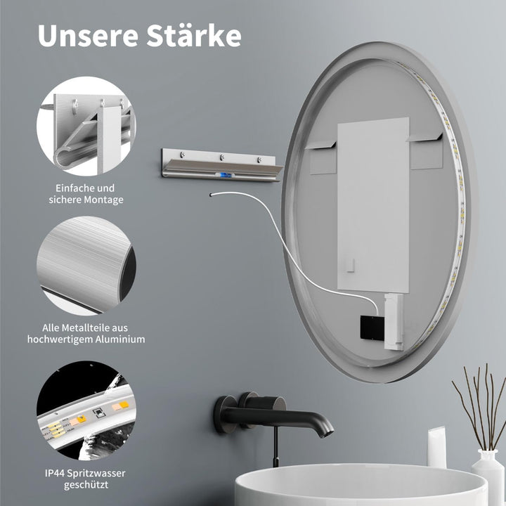 60cm Badspiegel mit Beleuchtung Rund Schwarz Metall, Badezimmer Runder Spiegel mit Licht, mit Touch-