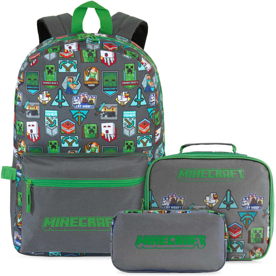 Get Trend Minecraft Grosser Rucksack Kinder 3er Set, 46 cm Kinderrucksack mit Federmäppchen und Isol