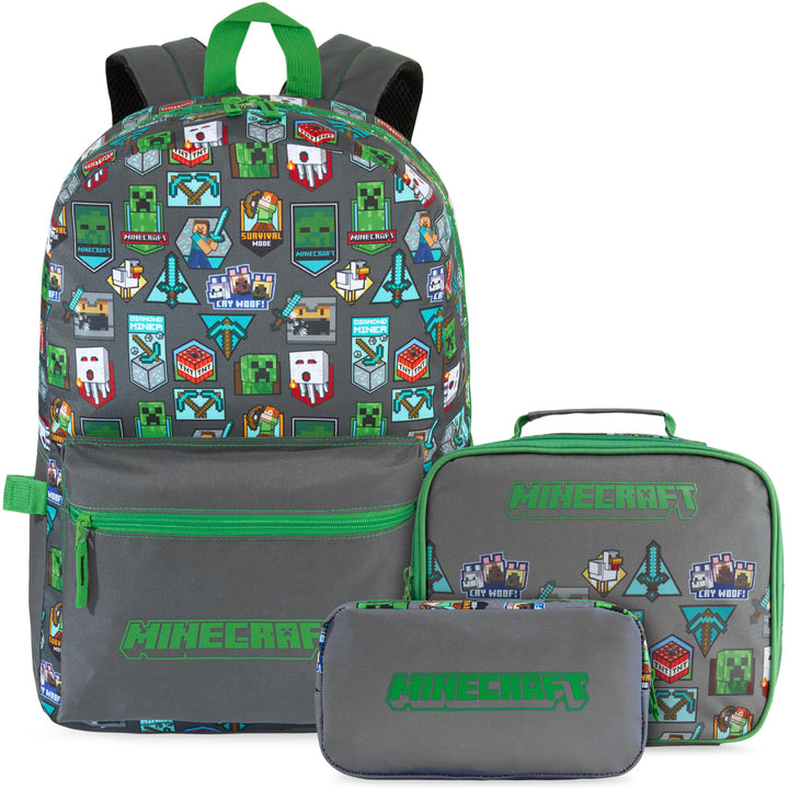 Get Trend Minecraft Grosser Rucksack Kinder 3er Set, 46 cm Kinderrucksack mit Federmäppchen und Isol