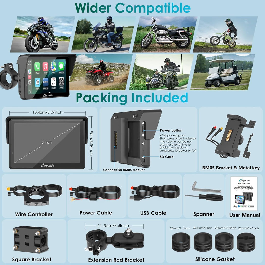 Carpuride W502S PRO Motorrad-GPS, kabelloses Carplay/Android Auto, Wasserdichter 5-Zoll-Motorrad-Tou