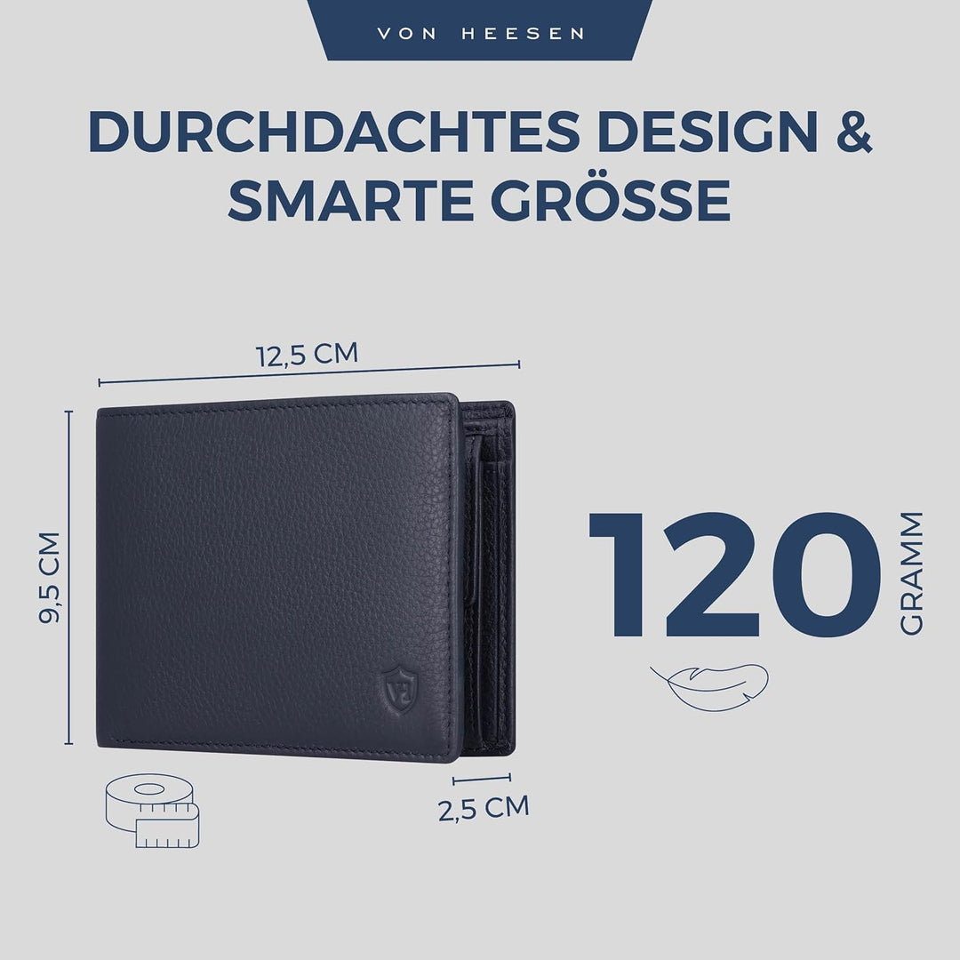 VON HEESEN Leder Geldbörse Herren mit RFID Schutz I Echtleder Geldbeutel für Männer I Münzbörse Port
