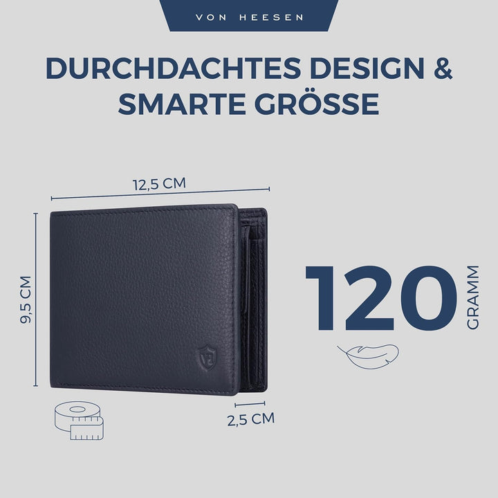 VON HEESEN Leder Geldbörse Herren mit RFID Schutz I Echtleder Geldbeutel für Männer I Münzbörse Port