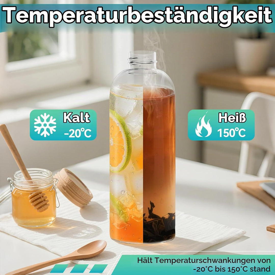 6er Set Glas Trinkflaschen 1000ml aus Borosilikatglas Wasserflaschen mit Edelstahldeckel &amp; Reinigung