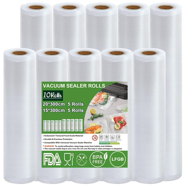 Omtofo Vakuumier Folienrollen, 5 Rollen 15x300cm + 5 Rollen 20x300cm Reissfest, BPA-frei, Vakuumbeut