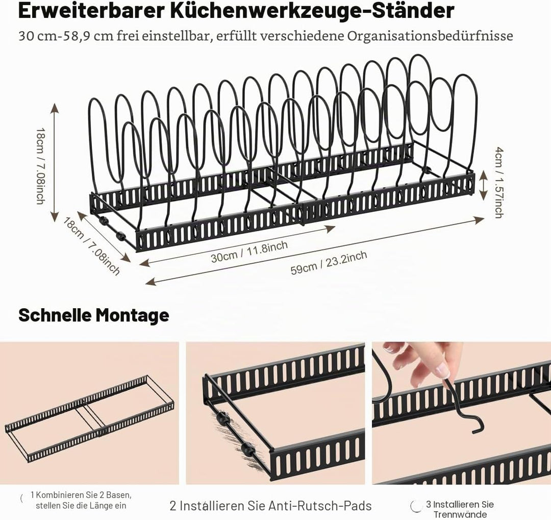 Housolution Pfannenhalter für Schublade, Erweiterbarer Topfdeckelhalter mit 14 Verstellbaren Teiler,