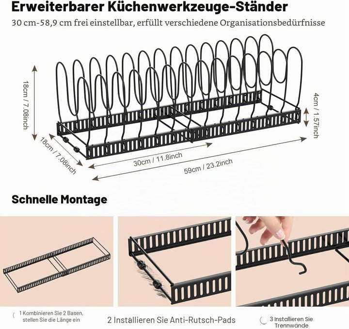 Housolution Pfannenhalter für Schublade, Erweiterbarer Topfdeckelhalter mit 14 Verstellbaren Teiler,