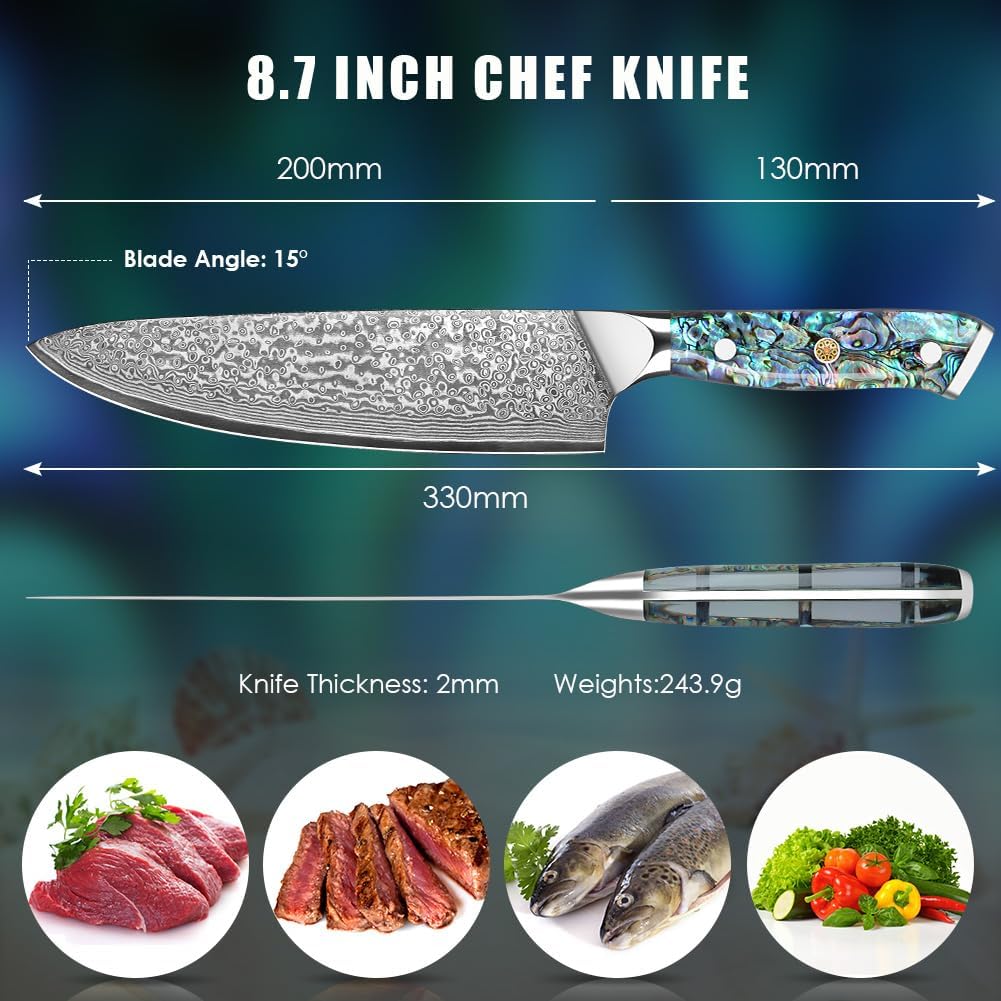 Home Safety Damastmesser Kochmesser mit extrem Scharf 20cm Klinge aus 67 Lagen VG-10 Damaststahl Küc