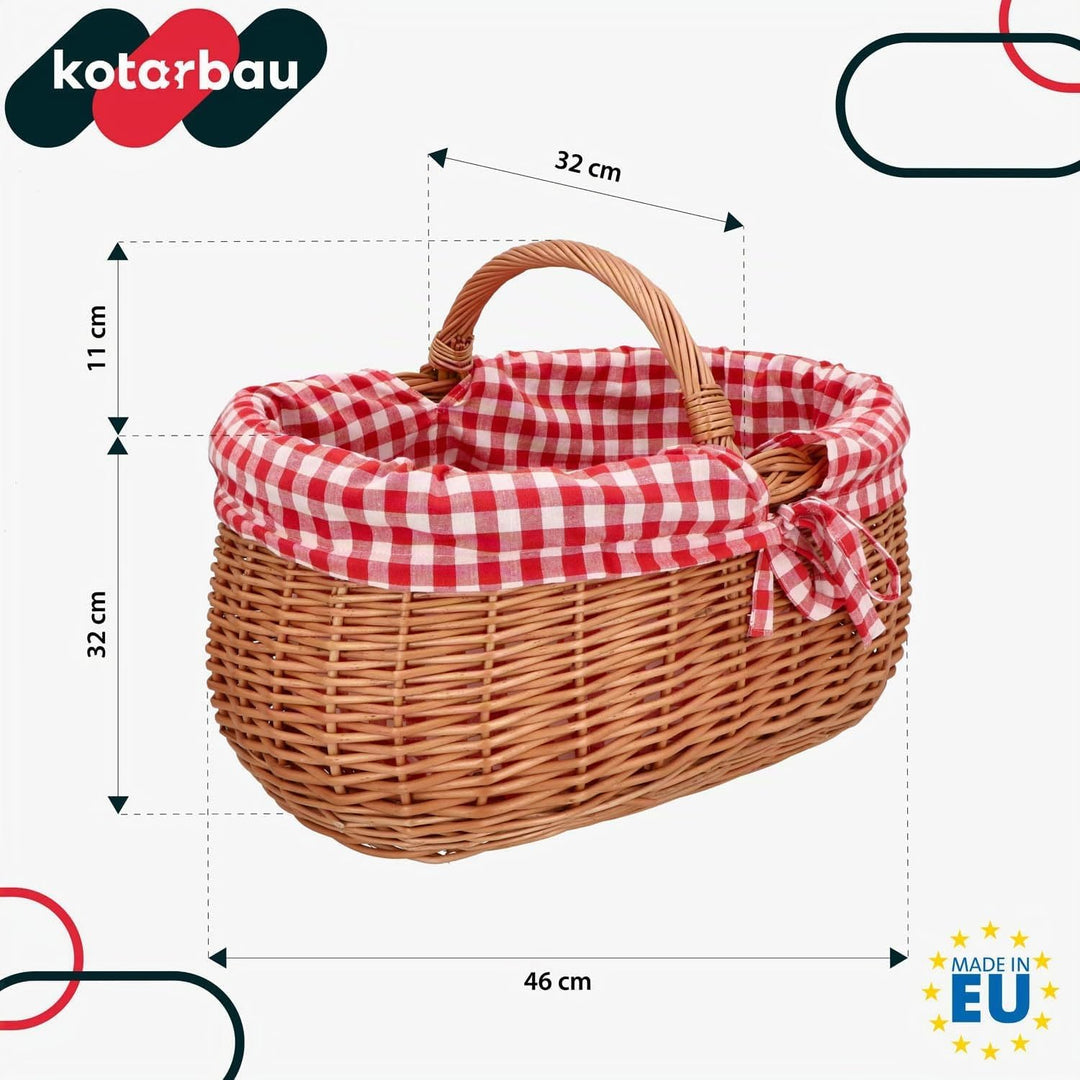 KOTARBAU® Picknickkorb Weidenkorb 46 cm Naturfarbe Einkaufskorbmit rot kariertem Stoffeinsatz Osterk