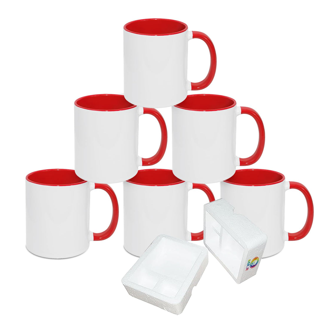 MR.R 6er-Pack Sublimationsrohlinge, spülmaschinenfest, weisse Keramiktasse mit Innengriff, rote Farb