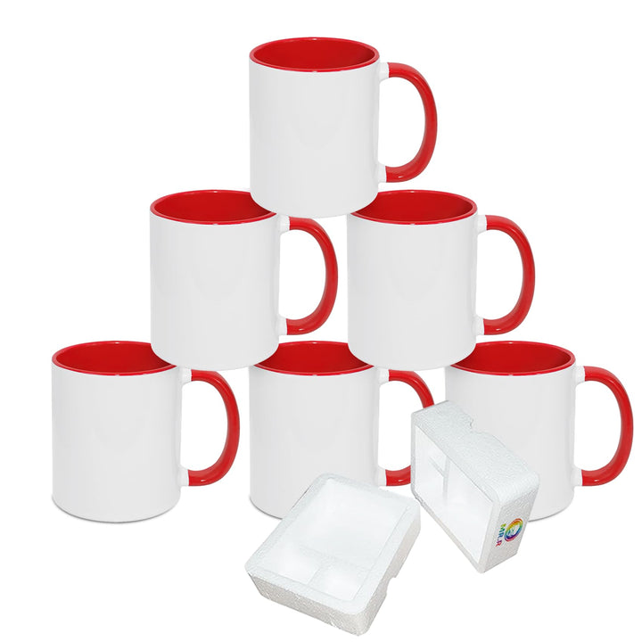 MR.R 6er-Pack Sublimationsrohlinge, spülmaschinenfest, weisse Keramiktasse mit Innengriff, rote Farb