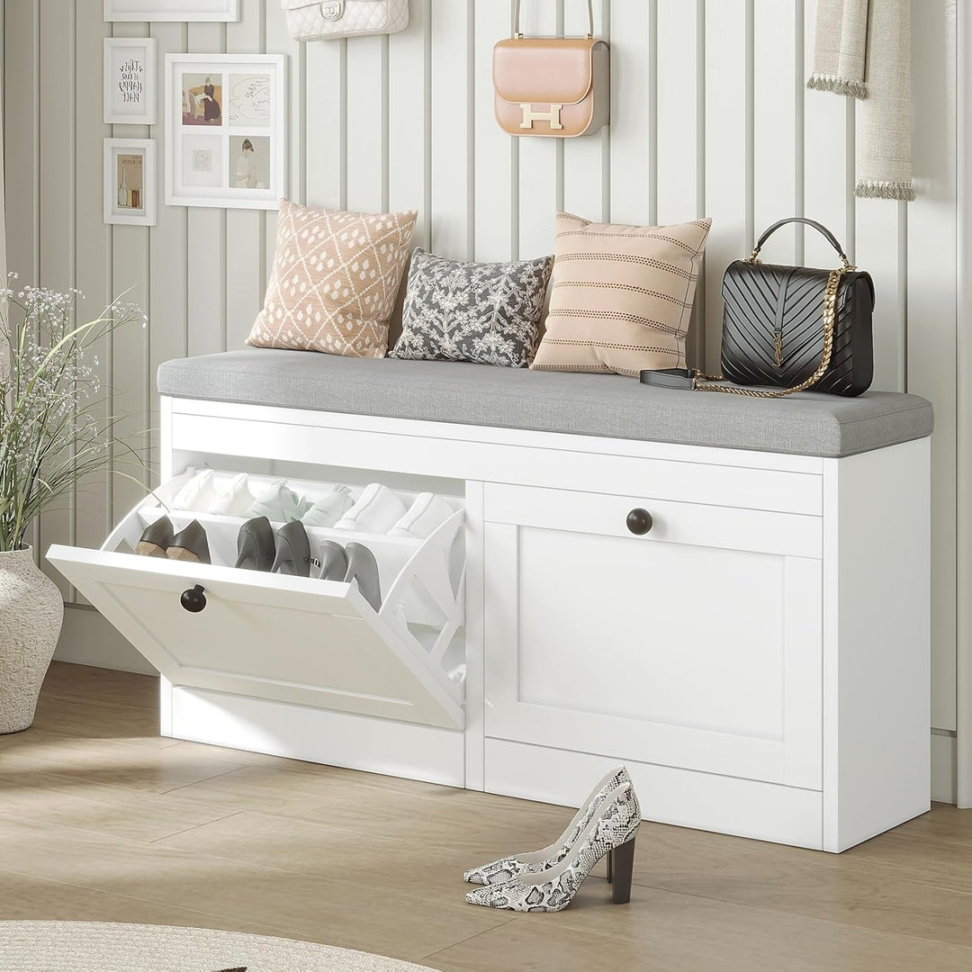 VOWNER Schuhschrank mit 2 Klappen, Schuhregal Schuhkipper Schmal, Sitzbank mit Sitzkissen, Verstellb