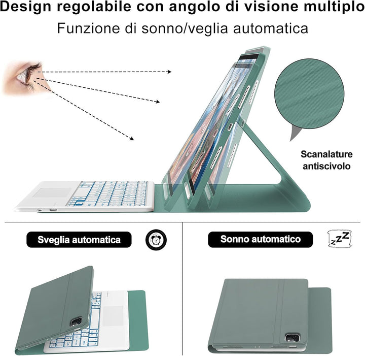 Hülle mit Tastatur für iPad Pro 12.9 (6/5/4/3 Gen), 7 Farben Beleuchtung, Multi Touch Trackpad, Deut