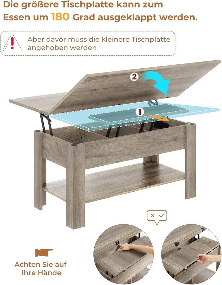 KIMENICH Couchtisch Höhenverstellbar, 3-in-1-Multifunktions-Wohnzimmertisch, Kaffeetisch, Versteckte