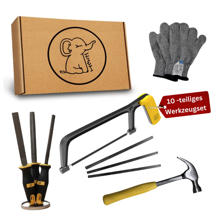 Eli® Kinderwerkzeug Set ab 6 Jahre inkl Kindersäge - Hammer - Holzraspel - Schutzhandschuhe - echtes