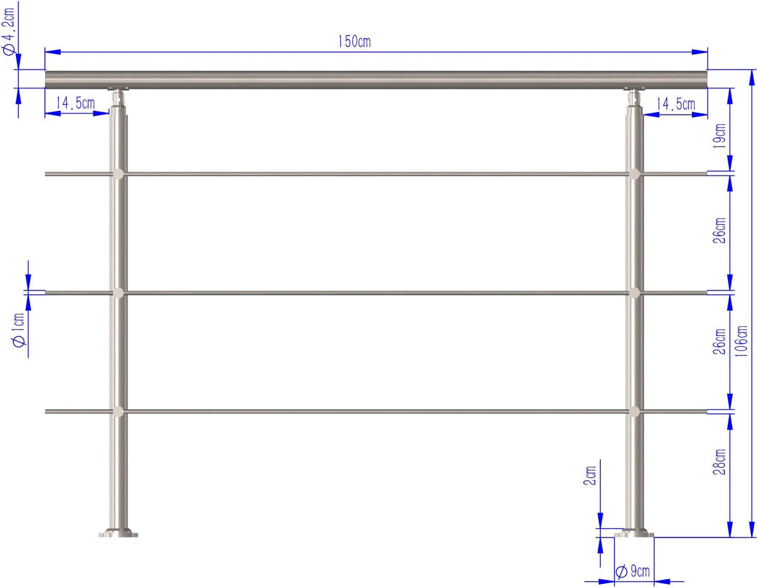 CAVATINY Edelstahl Handlauf Geländer für Treppen Brüstung Balkon mit 3 Querstreben - Innen und Ausse