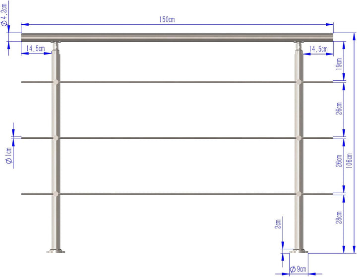 CAVATINY Edelstahl Handlauf Geländer für Treppen Brüstung Balkon mit 3 Querstreben - Innen und Ausse