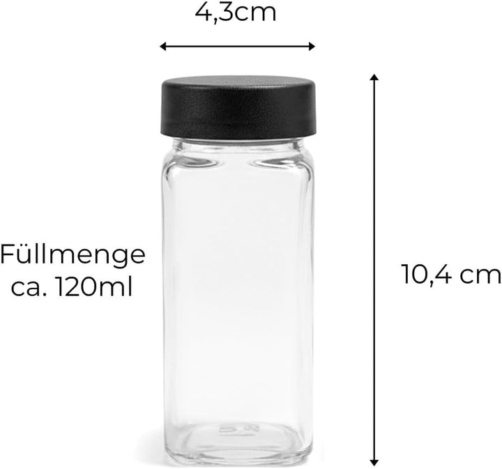 24x Gewürzgläser mit Schwarzem Deckel inkl. 240 Etiketten, 30x Streueinsätze, 1x Reinigungsbürste, 1