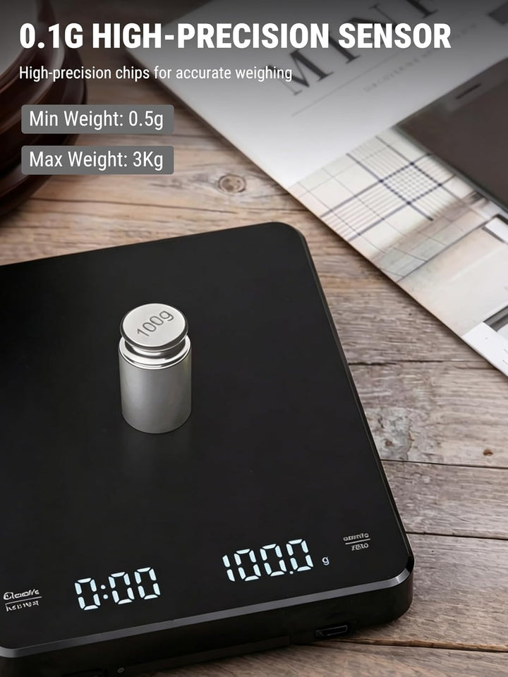 VOBOR Kaffeewaage mit Timer 3kg/0.1g, Automatischen und Manuellen Zeitmessungsmodus, Wiederaufladbar