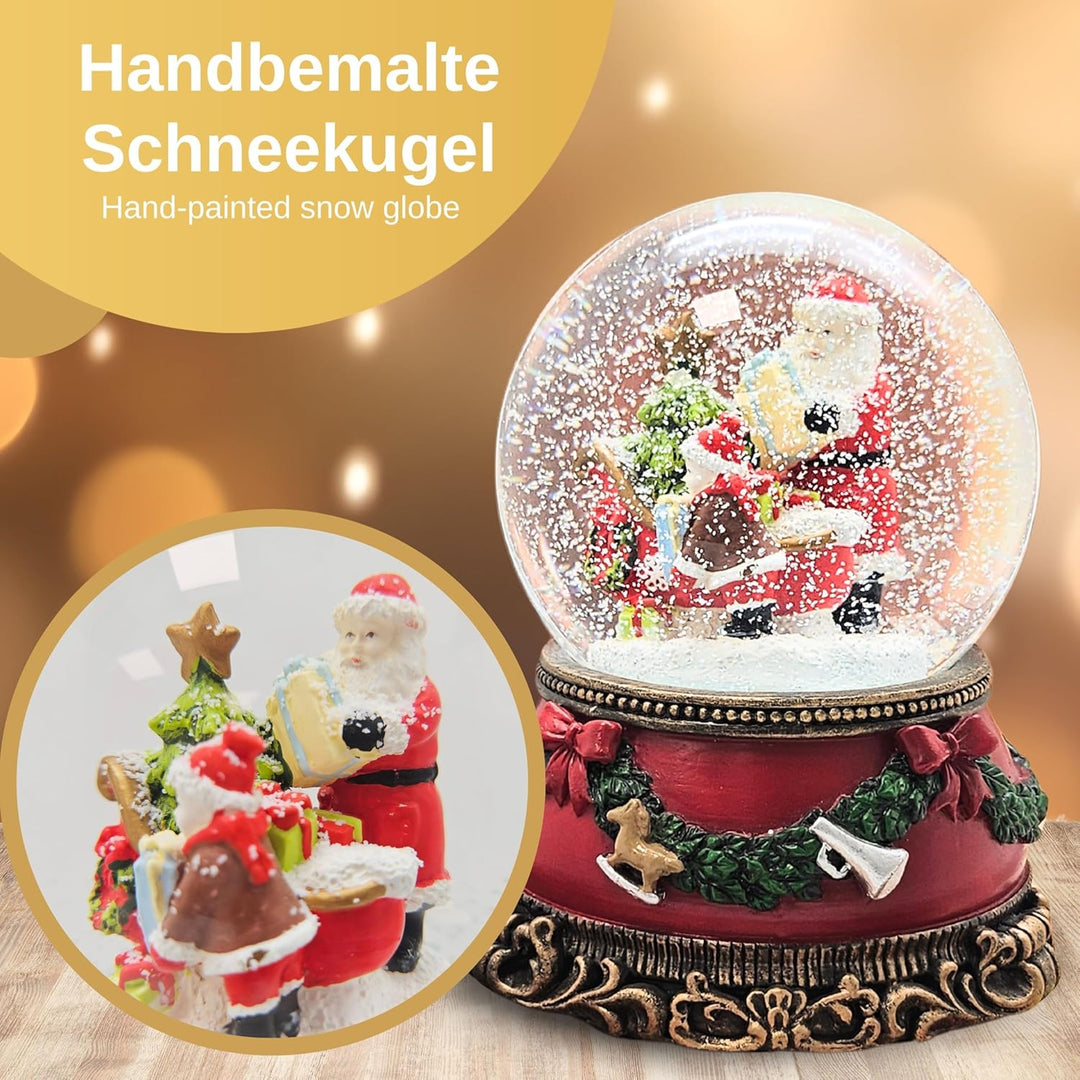 Schneekugel Weihnachten Spieluhr | Christmas Shopping | Weihnachtsmann mit Schlitten und Engel | Soc